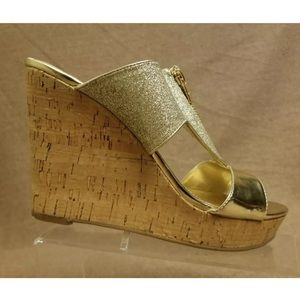 Marc Fisher Cork Wedges Glitter Gold Sandals